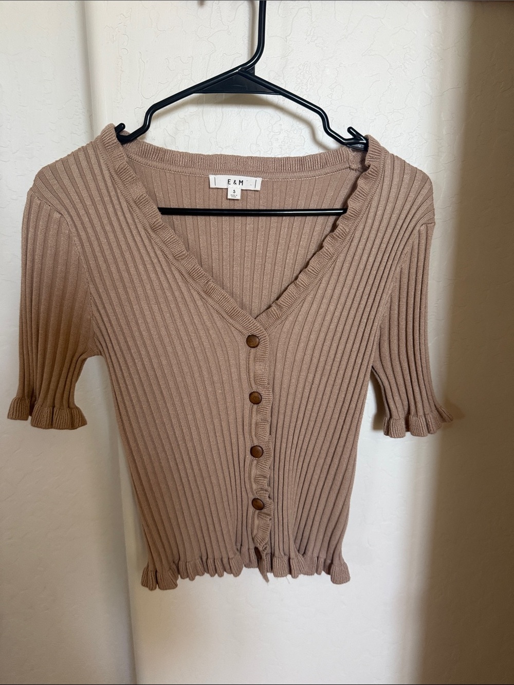 E&M Ribbed V‑Neck Button Front Top — Beige